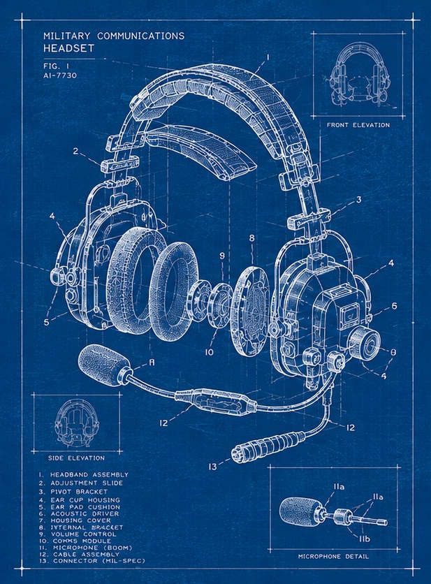 Blueprint of a military communications headset
